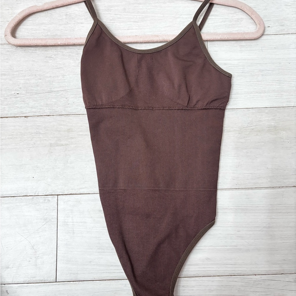Brown One Piece Bodysuit with Spaghetti Straps and High Cut Leg